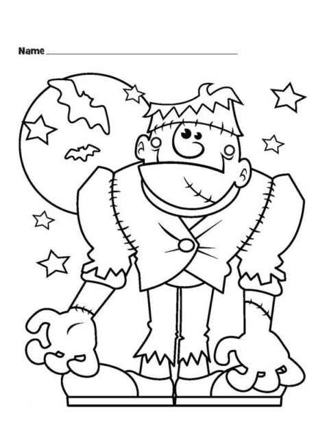 Halloween Monster Frankenstein and Bats Coloring Page -coloringkids.org